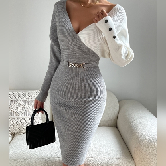 Frenchy Two Tone Cuff Rib-knit Cut Out Back Sweater Dress